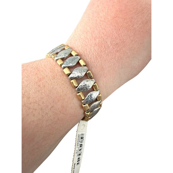 J. Jill Mixed Metal Link Bracelet Silver Gold Tone Hammered Stretch Versatile - Picture 3 of 7